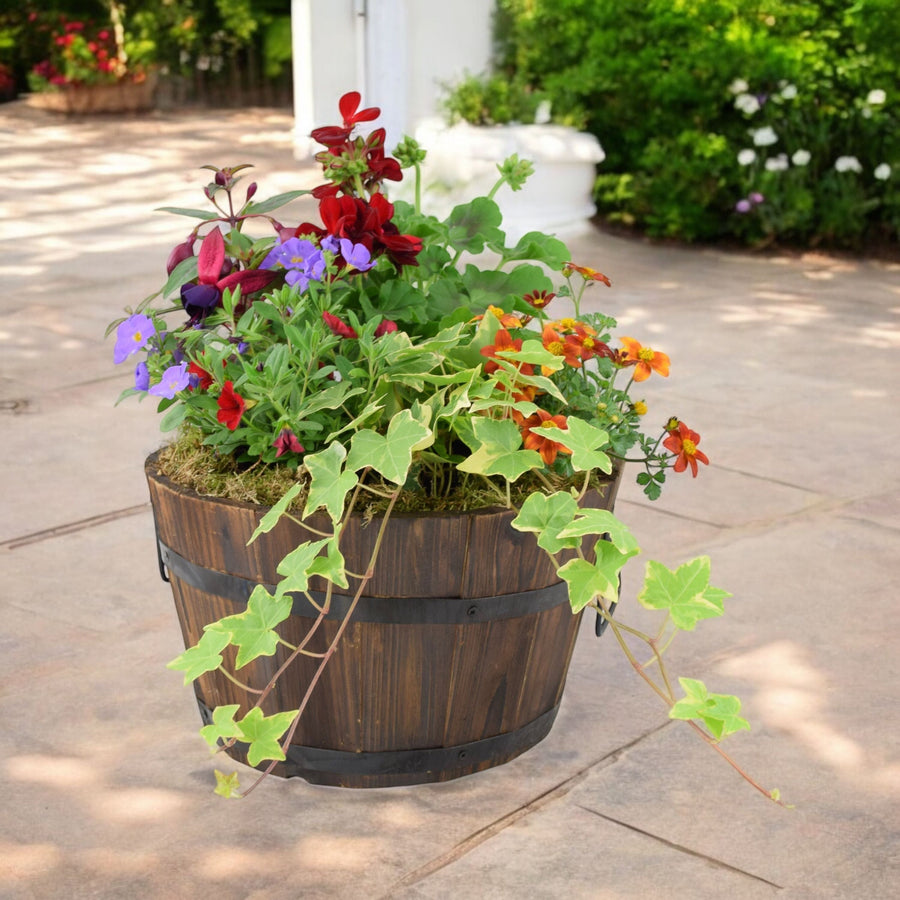 Seasonal Planted Wooden Barrel – 30cm Rustic Outdoor Planter with Mixed Seasonal Flowers Plants By Post