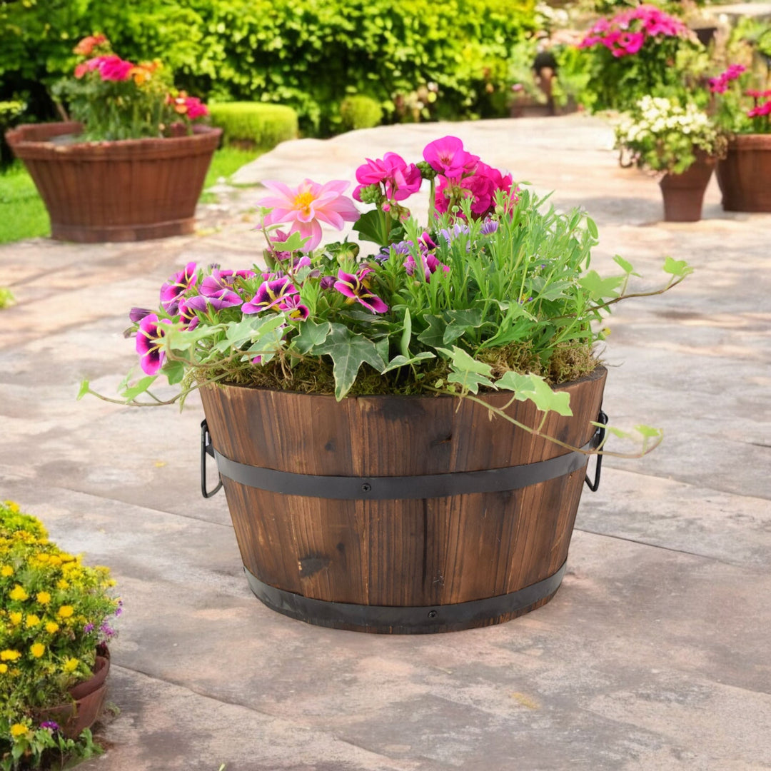 Seasonal Planted Wooden Barrel – 30cm Rustic Outdoor Planter with Mixed Seasonal Flowers Plants By Post