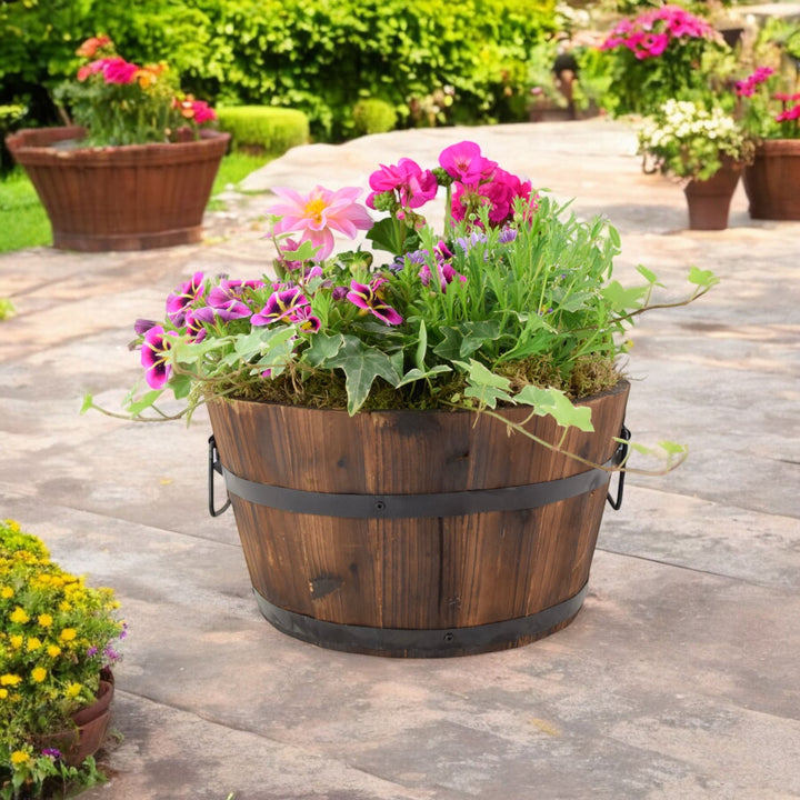 Seasonal Planted Wooden Barrel – 30cm Rustic Outdoor Planter with Mixed Seasonal Flowers Plants By Post