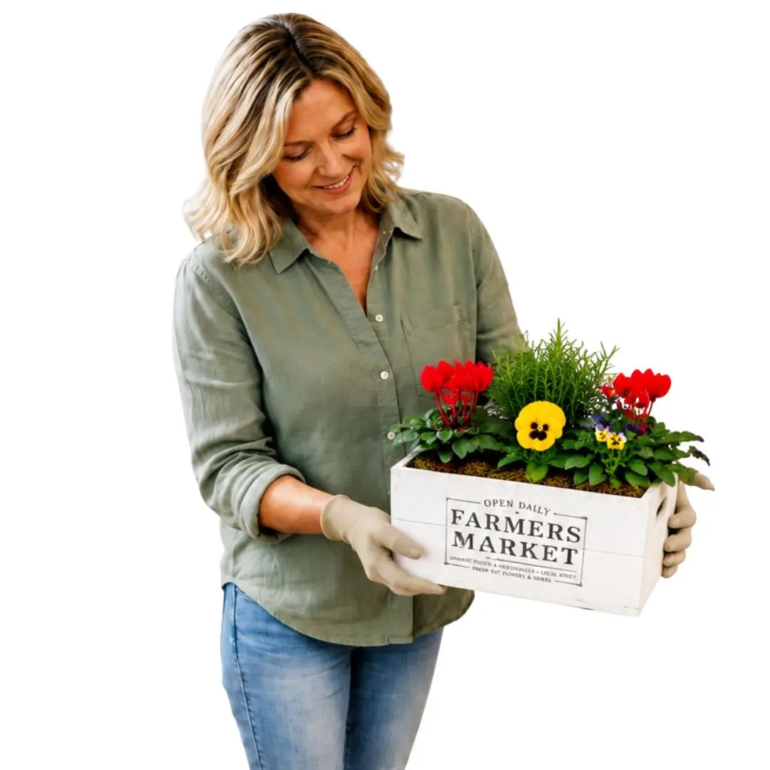 Seasonal Farmers Market White Wooden Trough with Mixed Plants – Moss Finish Planter Plants By Post