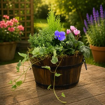 Wooden Seasonal Barrel with Mixed Plants – Moss Finish Planter Plants By Post