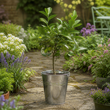 5L Lime Tree 80/90cm tall fruiting citrus tree in rustic zinc bucket on patio