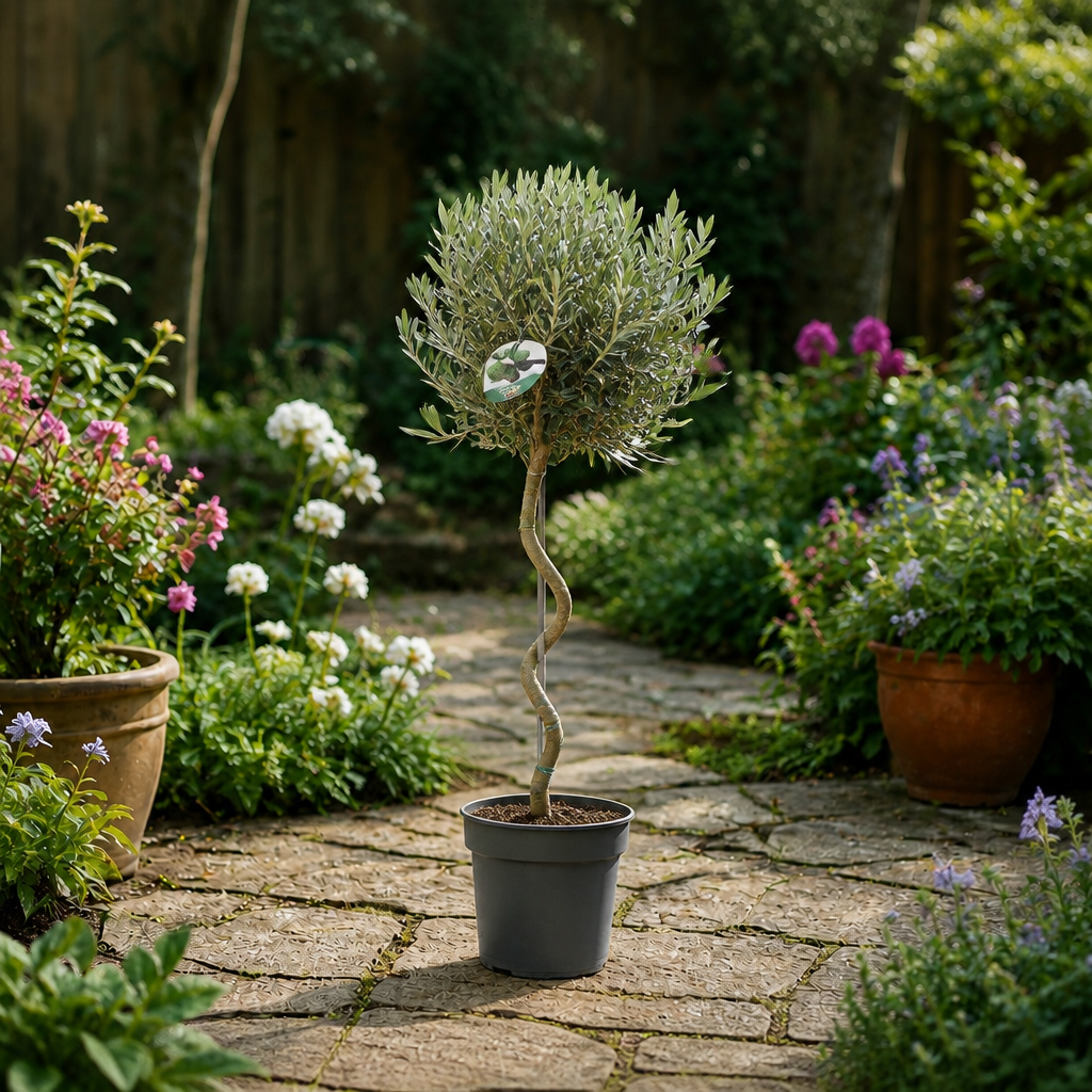 5L Spiral Olive Tree 100/110cm tall in a standard nursery pot for outdoor garden display