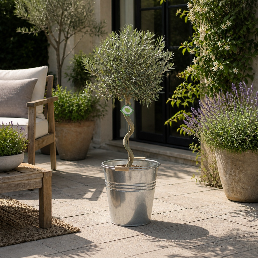 5L Spiral Olive Tree 100/110cm in rustic zinc pail with handles