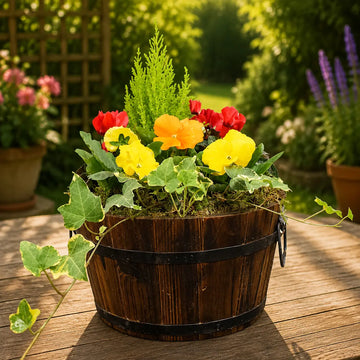 Wooden Seasonal Barrel with Mixed Plants – Moss Finish Planter Plants By Post