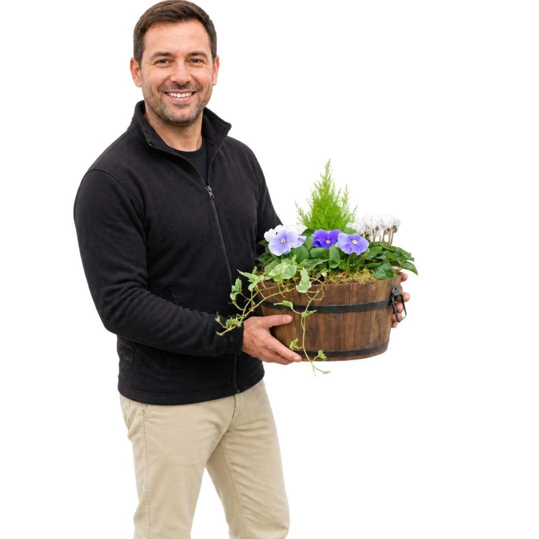 Wooden Seasonal Barrel with Mixed Plants – Moss Finish Planter Plants By Post