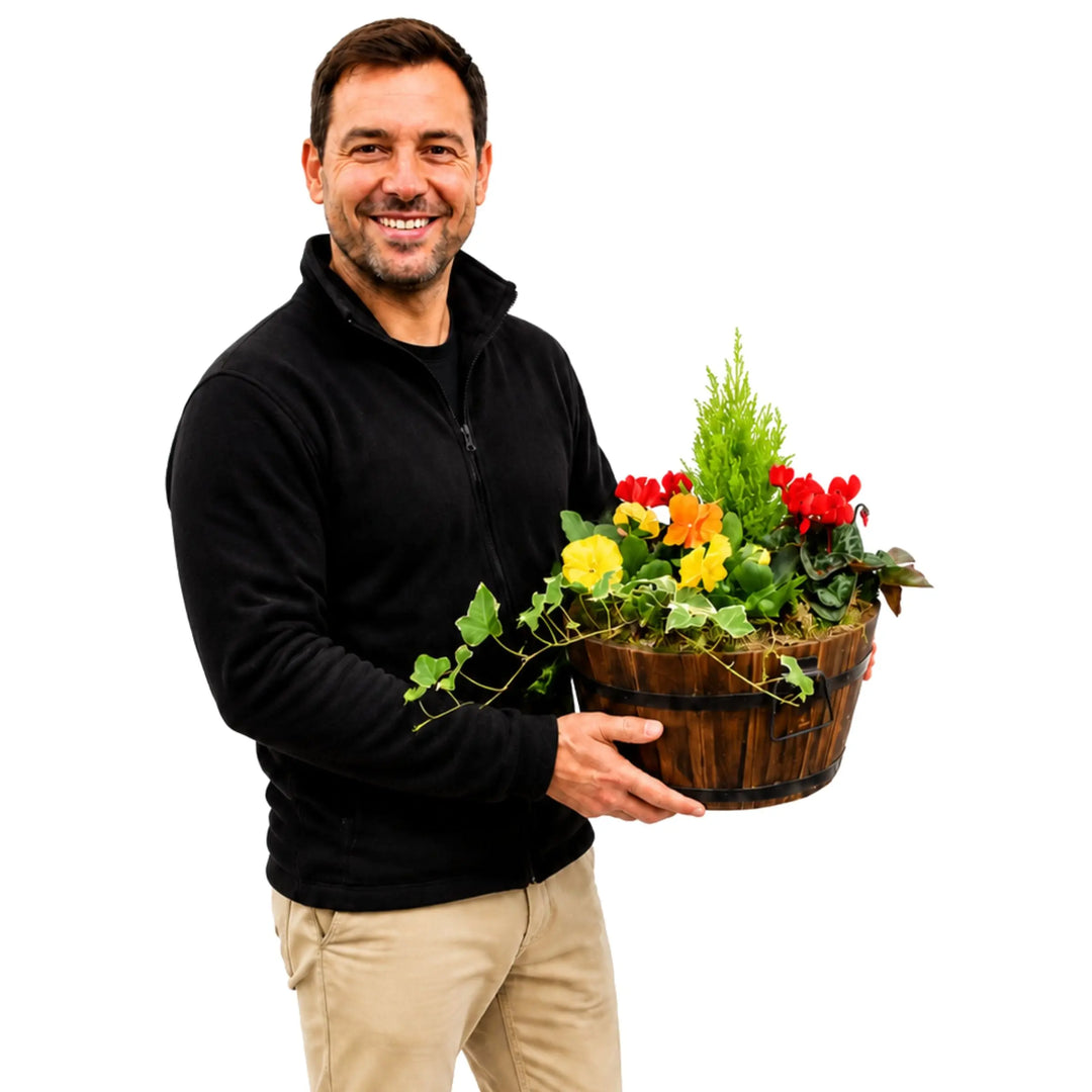 Wooden Seasonal Barrel with Mixed Plants – Moss Finish Planter Plants By Post