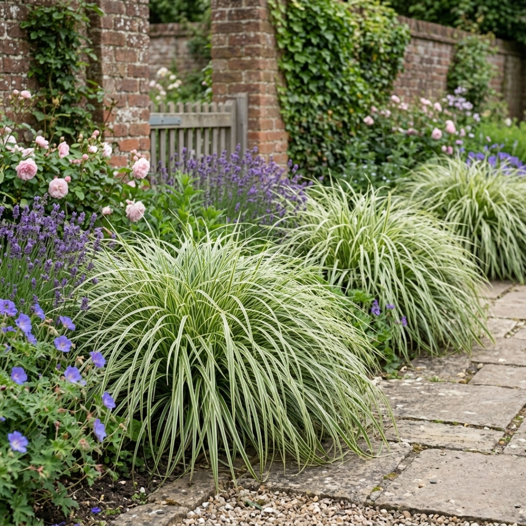Carex 'Everest' Japanese Sedge  Variegated Evergreen Ornamental Grass 2L Pot The Rose Press Garden