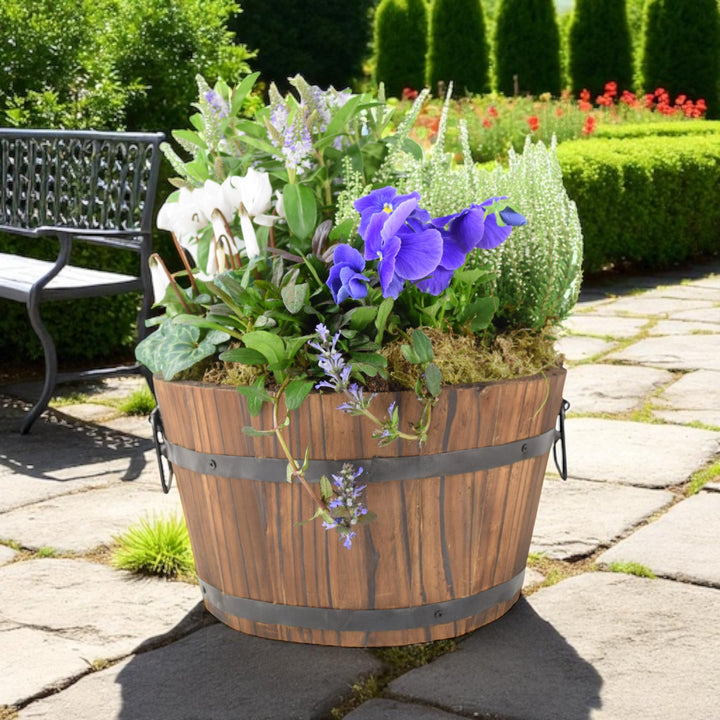 Seasonal Planted Wooden Barrel – 30cm Rustic Outdoor Planter Plants By Post