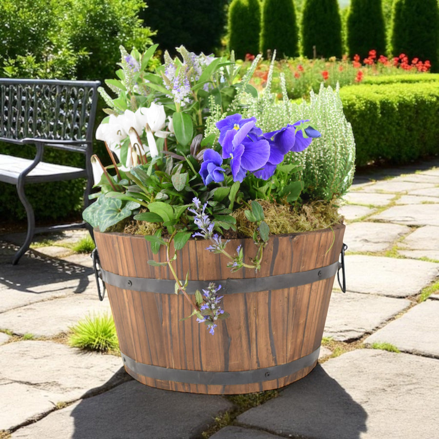 Seasonal Planted Wooden Barrel – 30cm Rustic Outdoor Planter Plants By Post