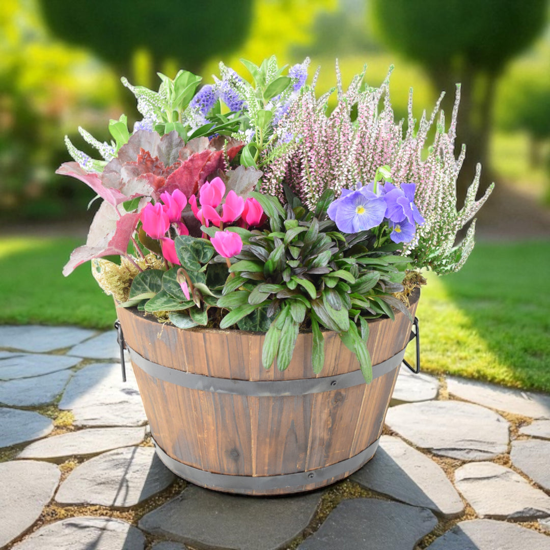 Seasonal Planted Wooden Barrel – 30cm Rustic Outdoor Planter Plants By Post