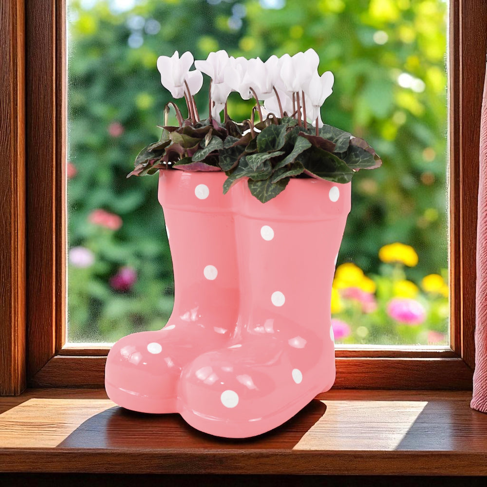 Pink Polka Dot Wellies Planter with Dianthus - Ceramic Garden Decor Plants By Post