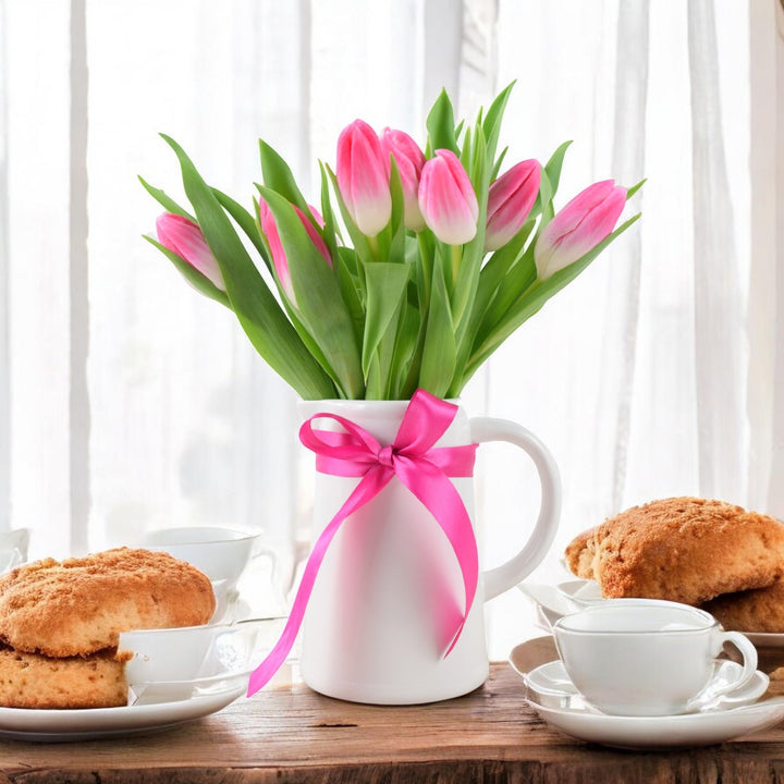 British Grown Pink Tulips in White Jug Vase - Fresh Seasonal Flower Gift Plants By Post