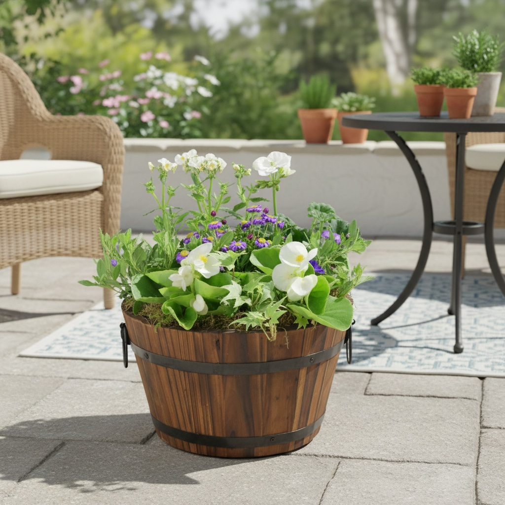 Seasonal Planted Wooden Barrel – 30cm Rustic Outdoor Planter with Mixed Seasonal Flowers Plants By Post