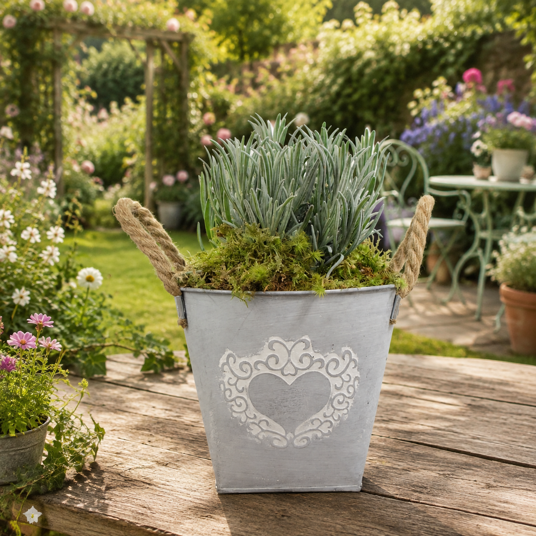 Lavender in Heart Logo Tin with Moss Rim – Pre-Planted Garden Container Plants By Post