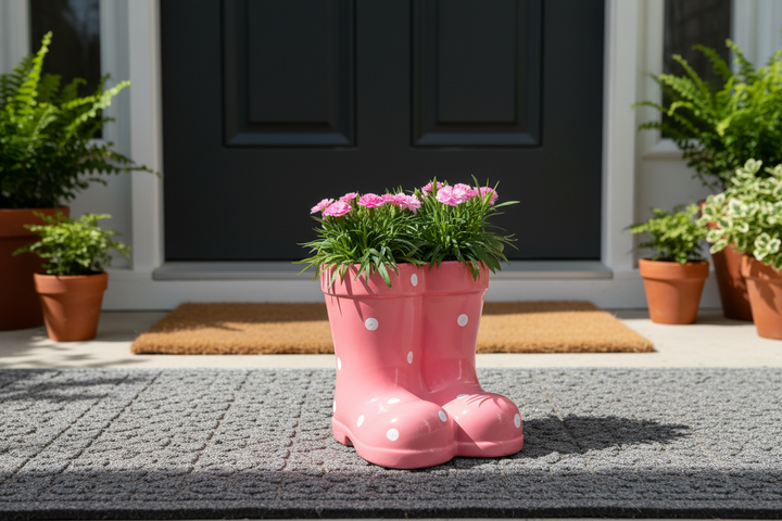 Pink ceramic polka dot wellies planter planted with vibrant pink Dianthus flowers