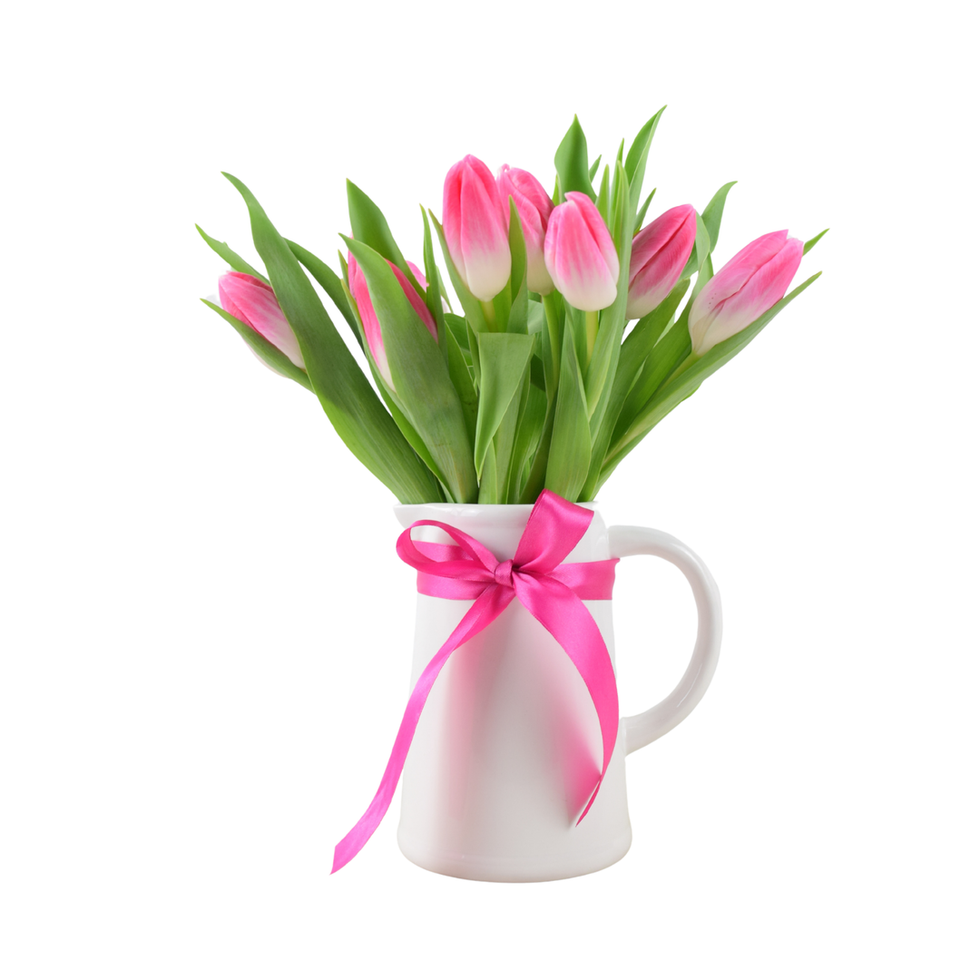 Fresh British grown pink tulips arranged in a white ceramic jug vase with a pink satin ribbon bow.