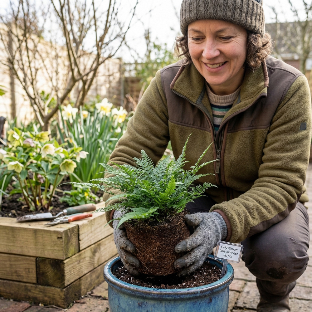 Korean Rock Fern (Polystichum tsus-simense) Compact Evergreen Shade Perennial 2L Pot The Rose Press Garden