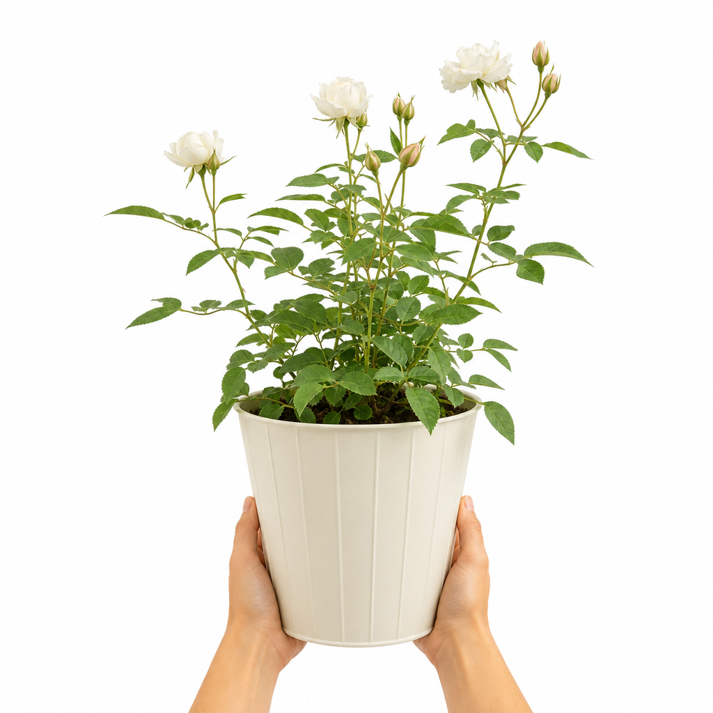 3L White Patio Rose in Decorative Pot Outdoor & Garden Plant