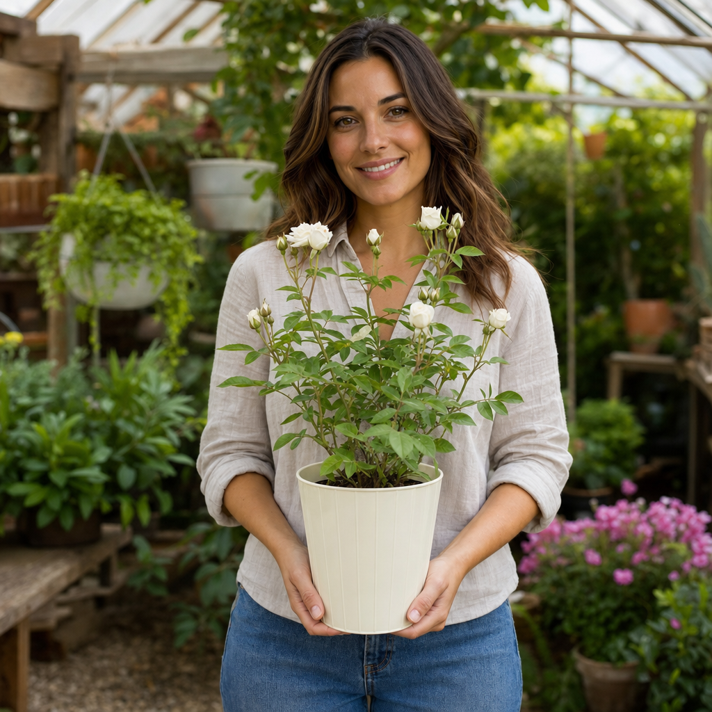 3L White Patio Rose in Decorative Pot Outdoor & Garden Plant