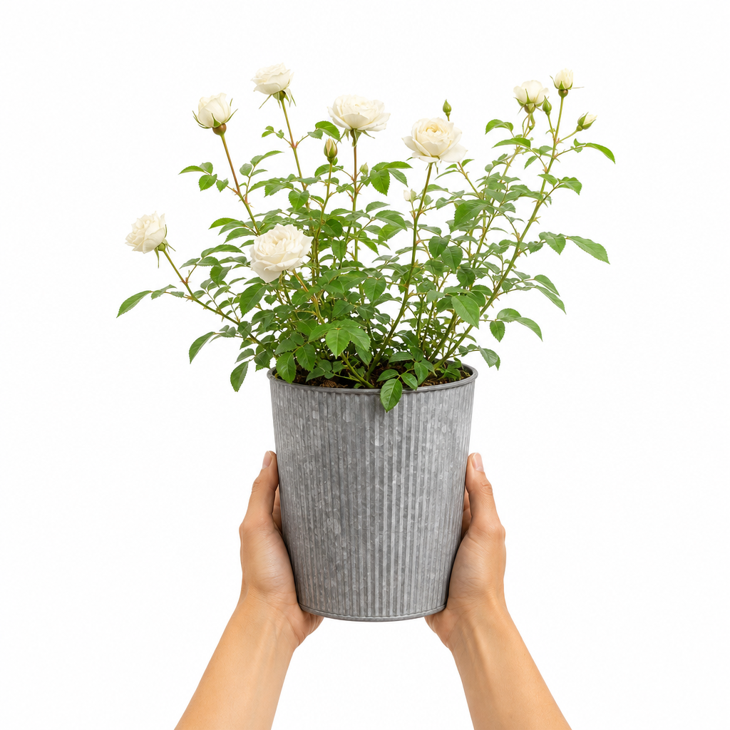 3L White Patio Rose in Decorative Pot Outdoor & Garden Plant