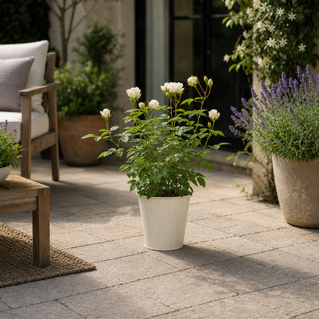 3L White Patio Rose in Decorative Pot Outdoor & Garden Plant