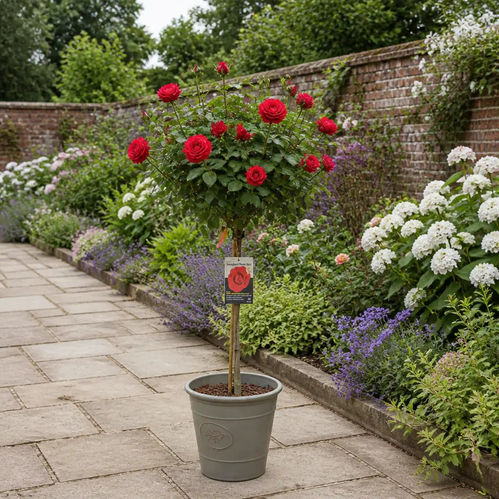 7.5L Standard Rose Tree Red 100-110cm - Classic Flowering Garden Rose Plant Plants By Post