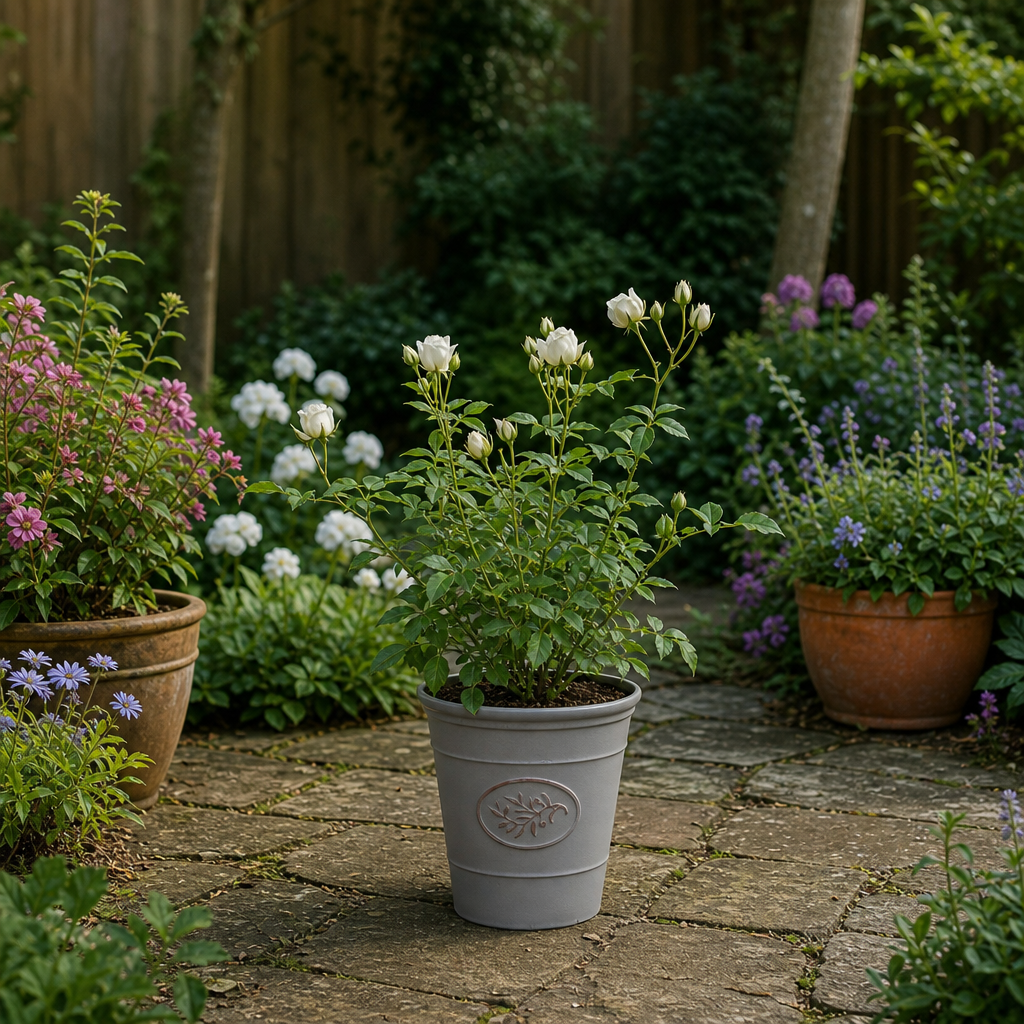 3L White Patio Rose in Decorative Pot Outdoor & Garden Plant