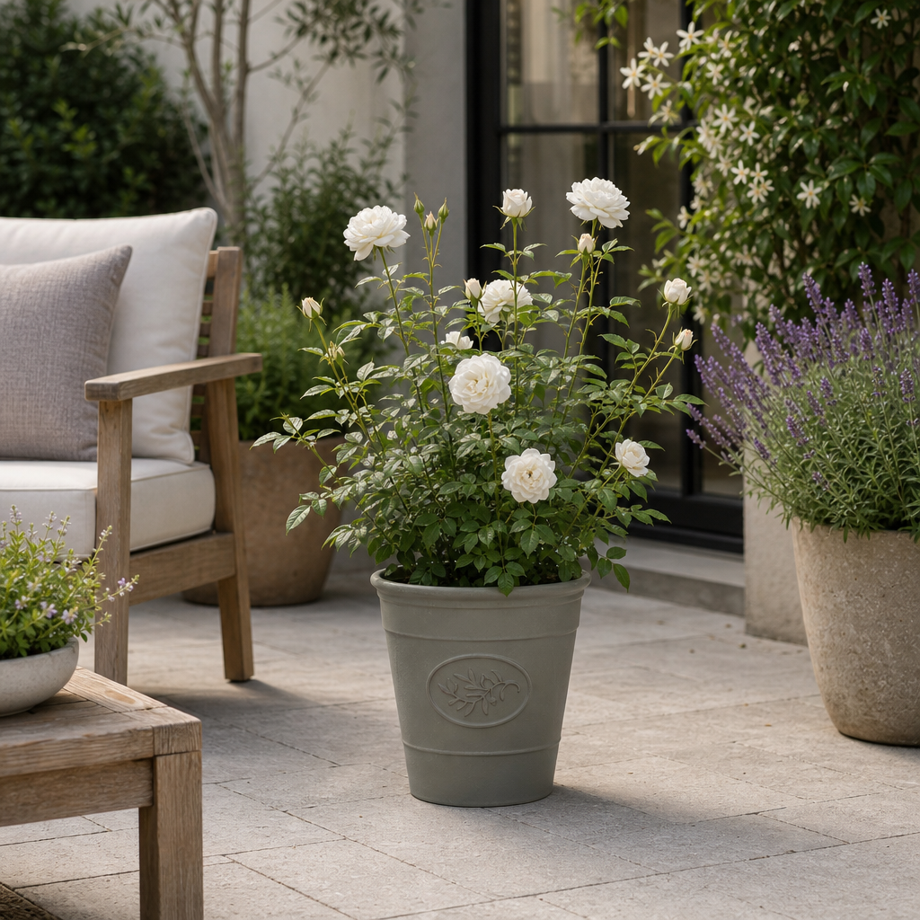 3L White Patio Rose in Decorative Pot Outdoor & Garden Plant
