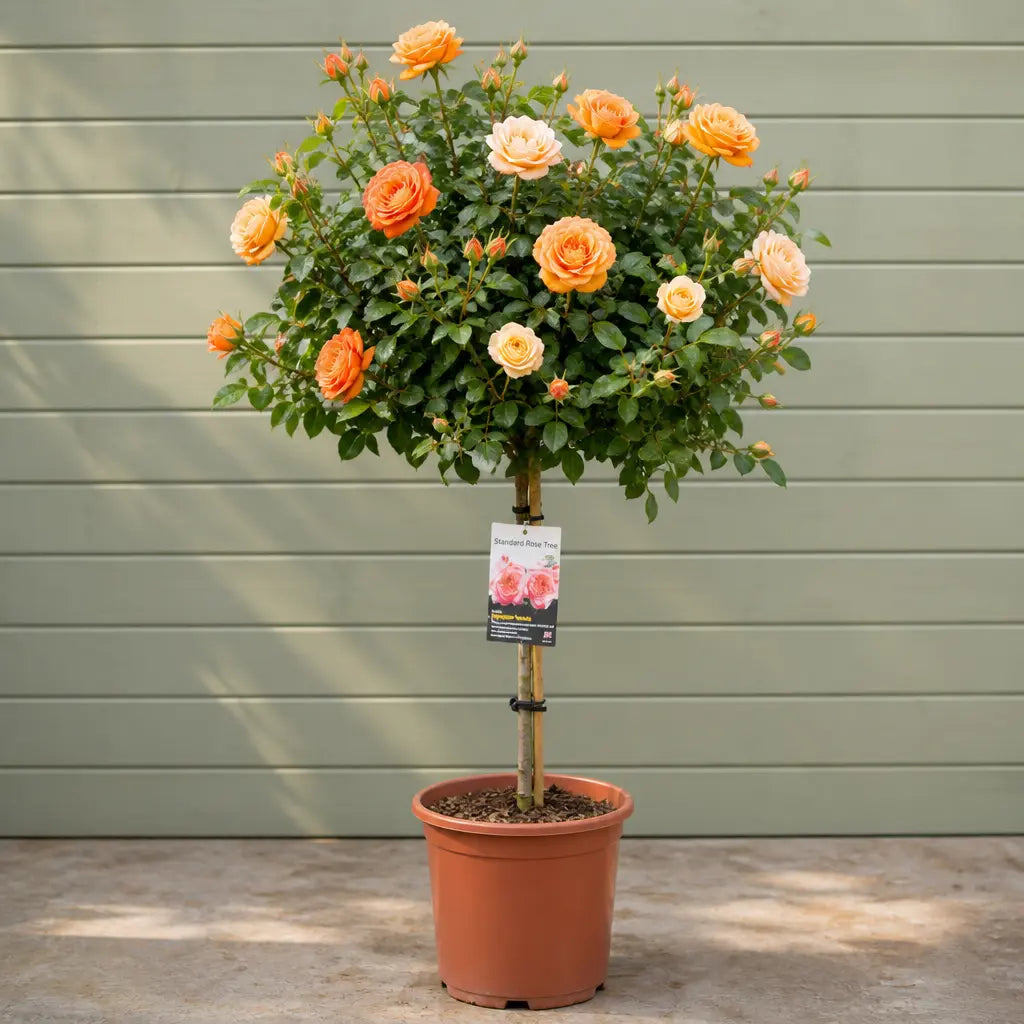 7.5L Standard Rose Tree Orange & Cream 100-110cm - Elegant Flowering Garden Rose Plant Plants By Post