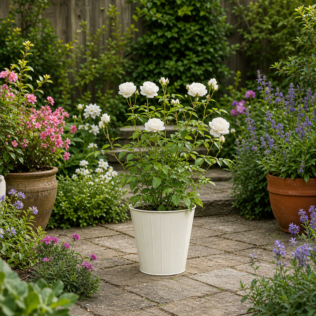 3L White Patio Rose in Decorative Pot Outdoor & Garden Plant