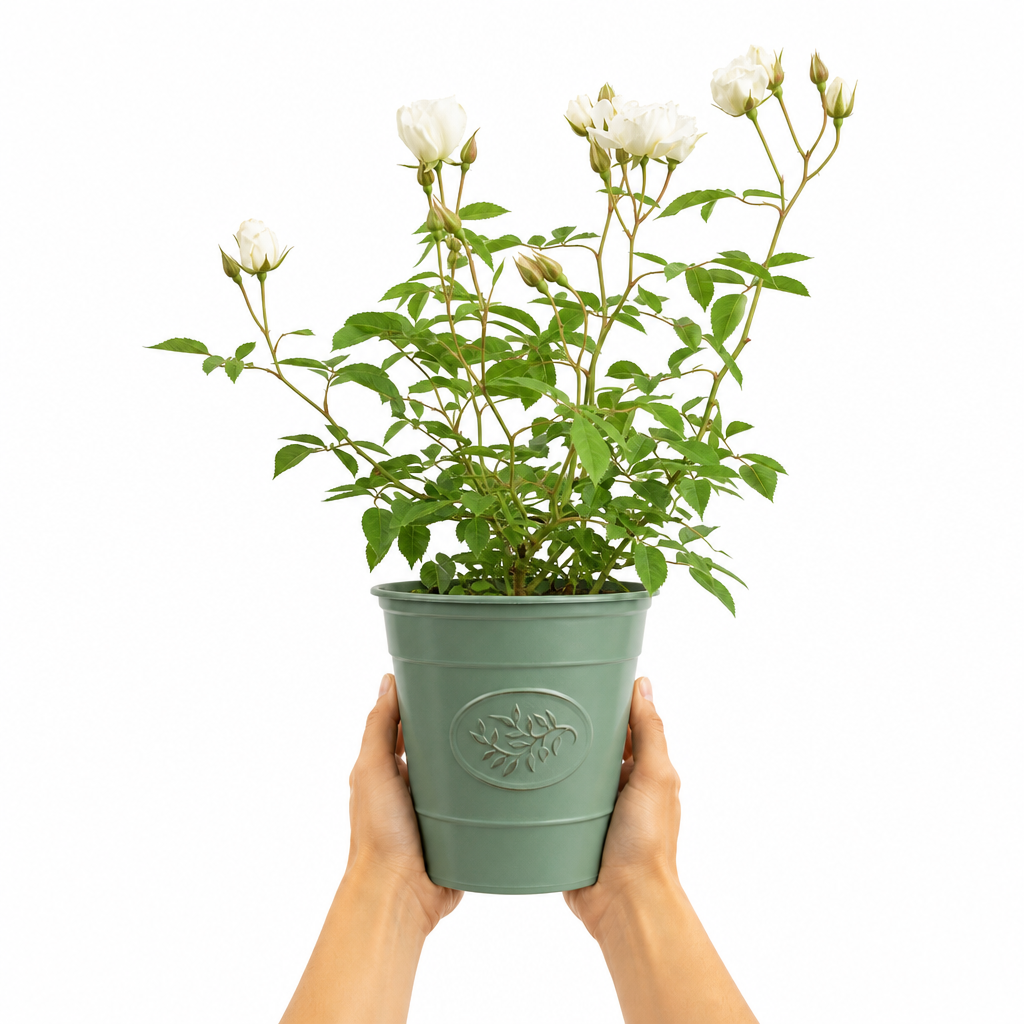 3L White Patio Rose in Decorative Pot Outdoor & Garden Plant