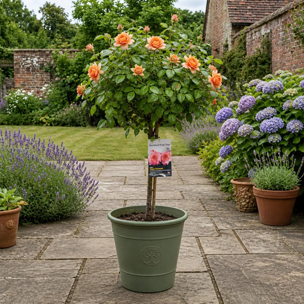 7.5L Standard Rose Tree Orange & Cream 100-110cm - Elegant Flowering Garden Rose Plant Plants By Post