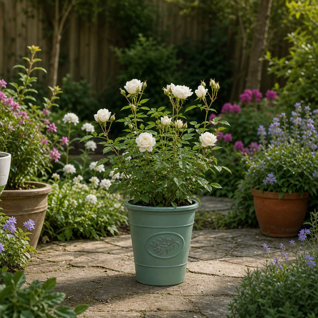 3L White Patio Rose in Decorative Pot Outdoor & Garden Plant