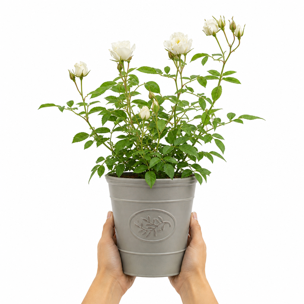 3L White Patio Rose in Decorative Pot Outdoor & Garden Plant