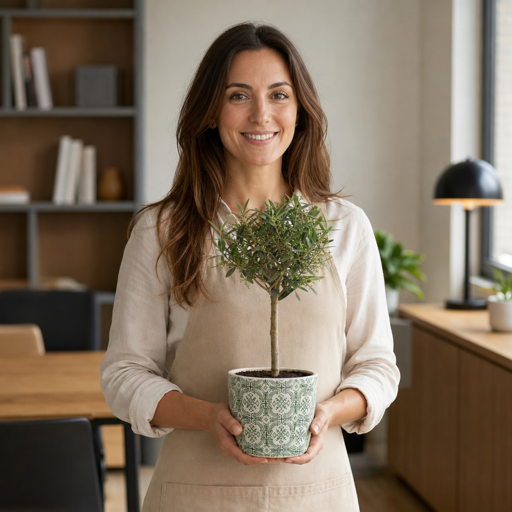 Woman holding a Mini Olive Tree in a decorative planter suitable for home and garden décor.