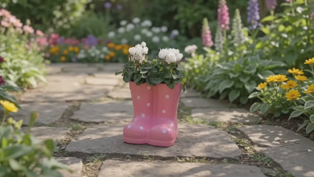 Pink Ceramic Polka Dot Wellies with Seasonal Cyclamen – Moss Finish