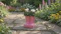 Pink Ceramic Polka Dot Wellies with Seasonal Cyclamen – Moss Finish