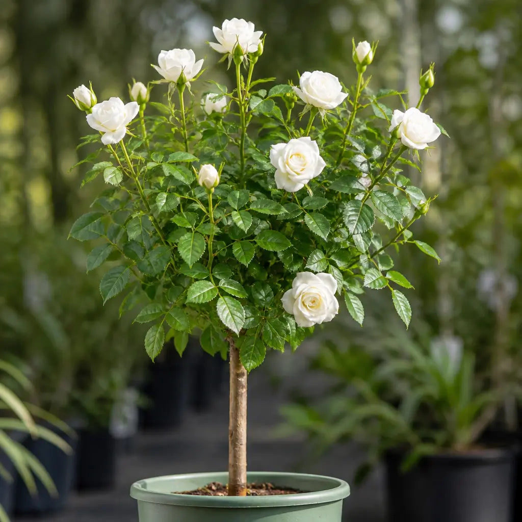 Close up view of white rose flowers on Standard Rose Tree