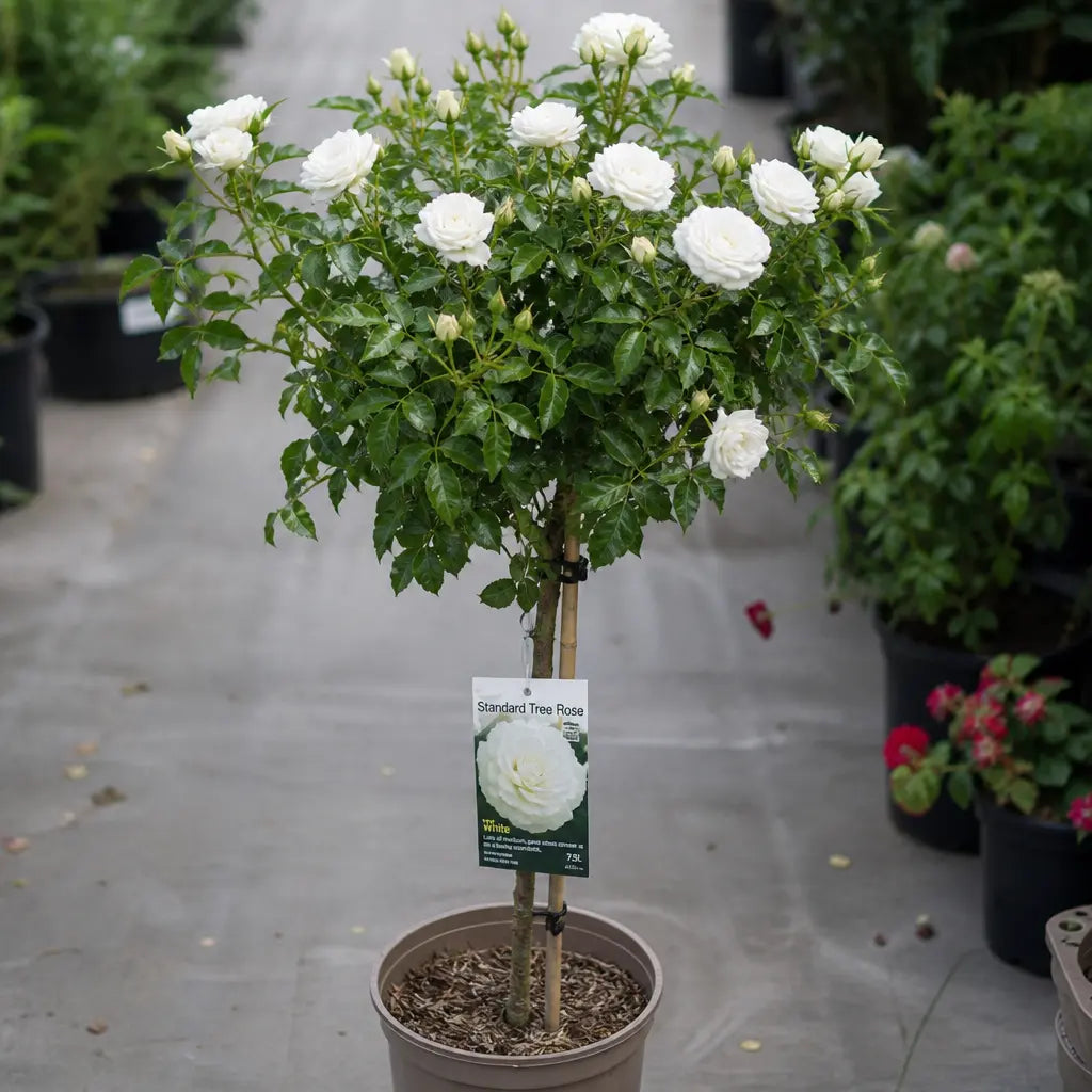 Close up view of white rose flowers on Standard Rose Tree