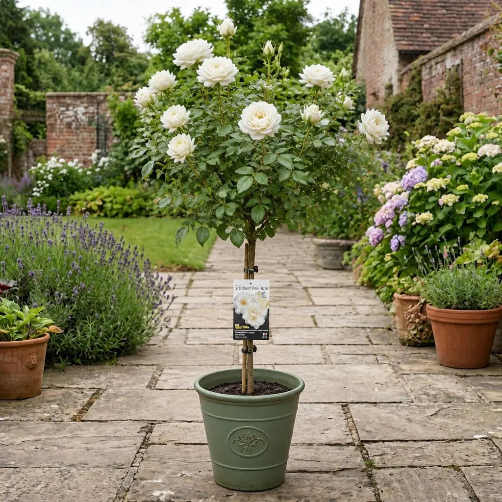 White Standard Rose Tree feature plant adding beauty to garden landscapes