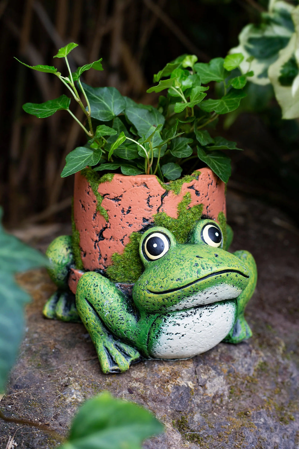 Cement Planter Frog with Clay Pipe